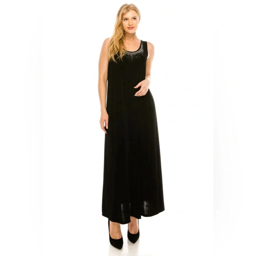 JOSTAR Black beaded maxi dress with silver beading size medium
